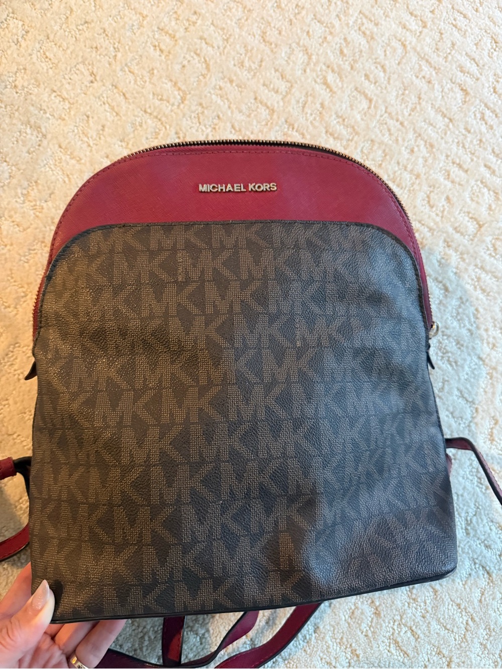 Michael Kors Brown MK Monogram Backpack with Burgundy Trim